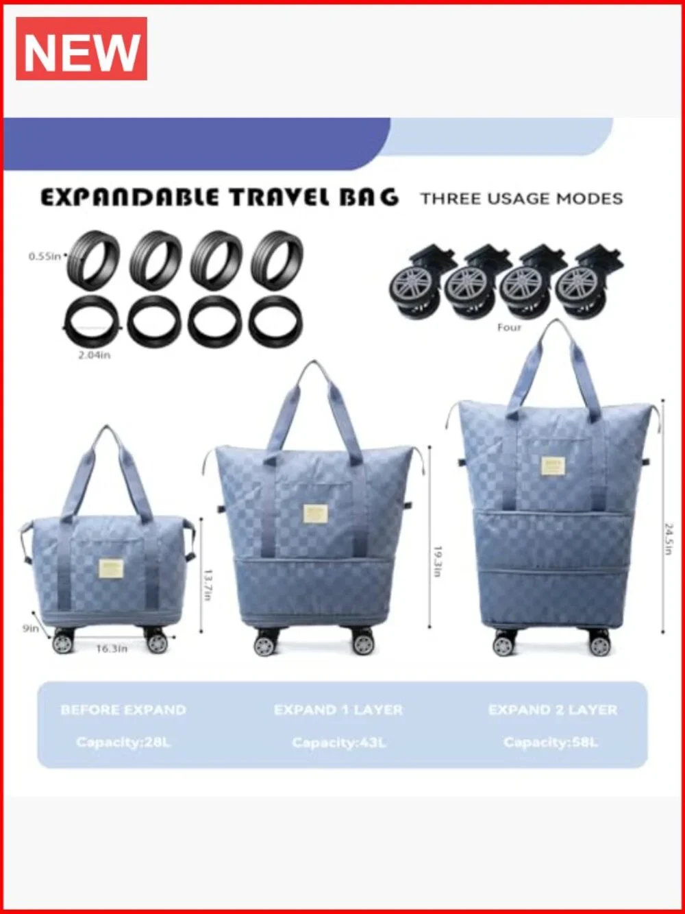 Expandable Foldable Travel Duffel Bag with Wheels - Lightweight Nylon Carry-On